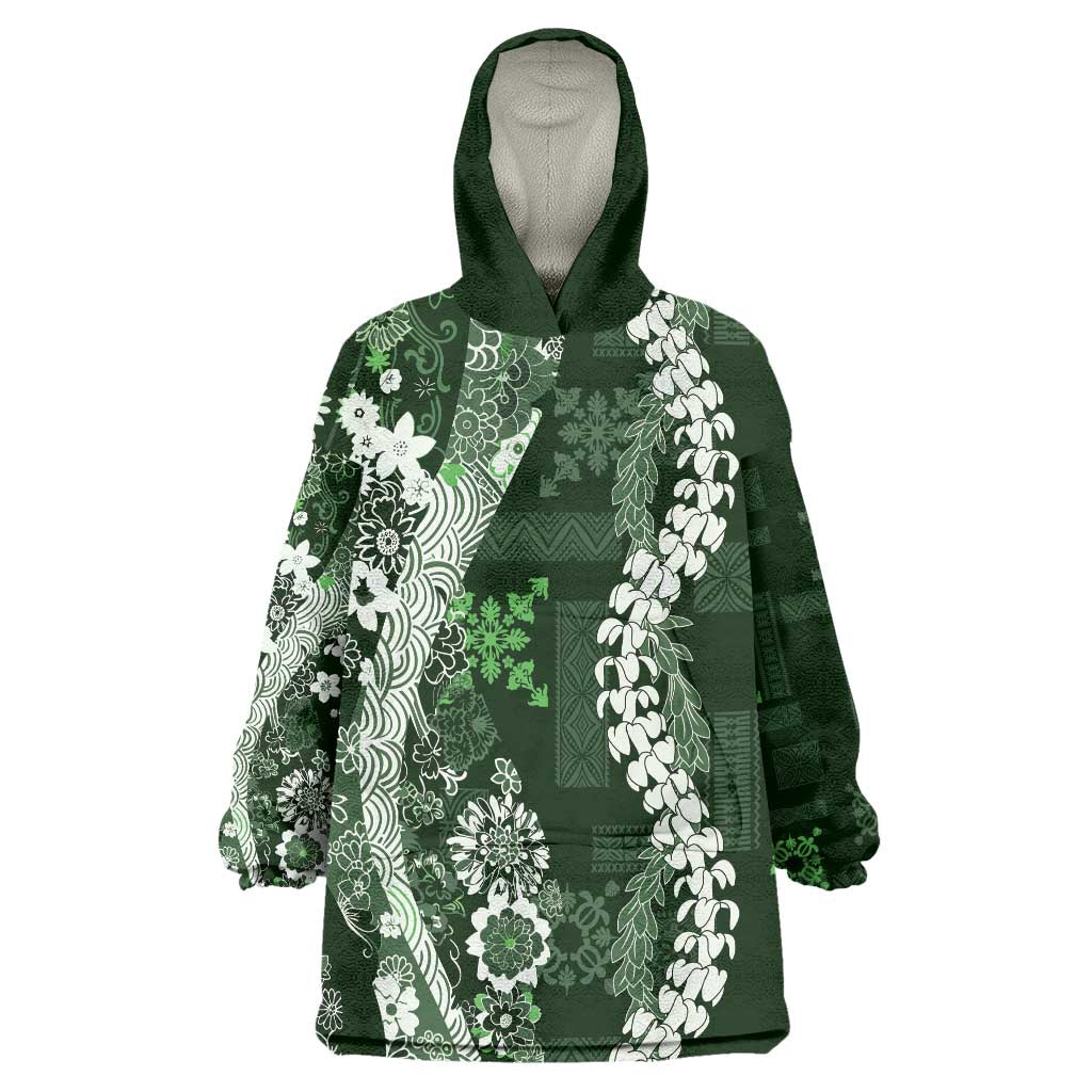 Hawaii Puakenikeni and Maile Lei Wearable Blanket Hoodie Green Japanese Wave Style - Polynesian Pride