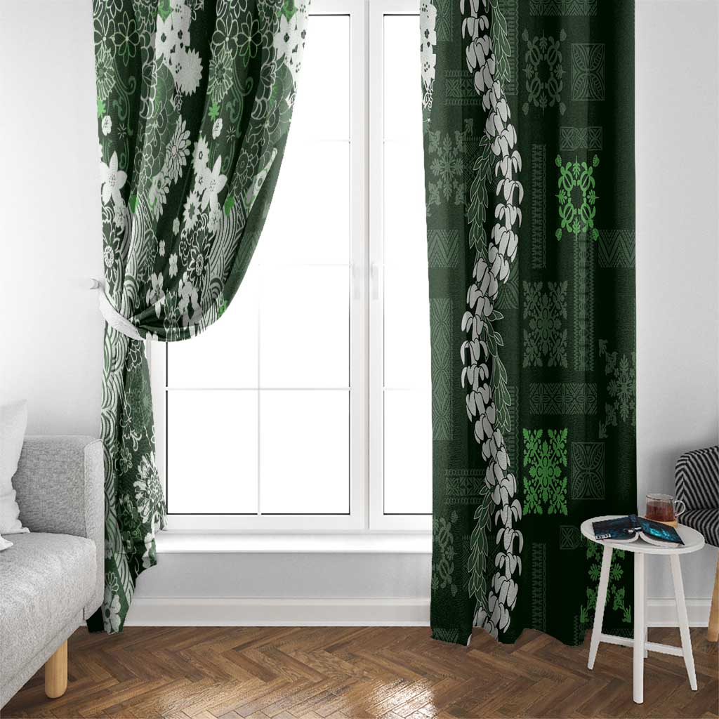 Hawaii Puakenikeni and Maile Lei Window Curtain Green Japanese Wave Style - Polynesian Pride