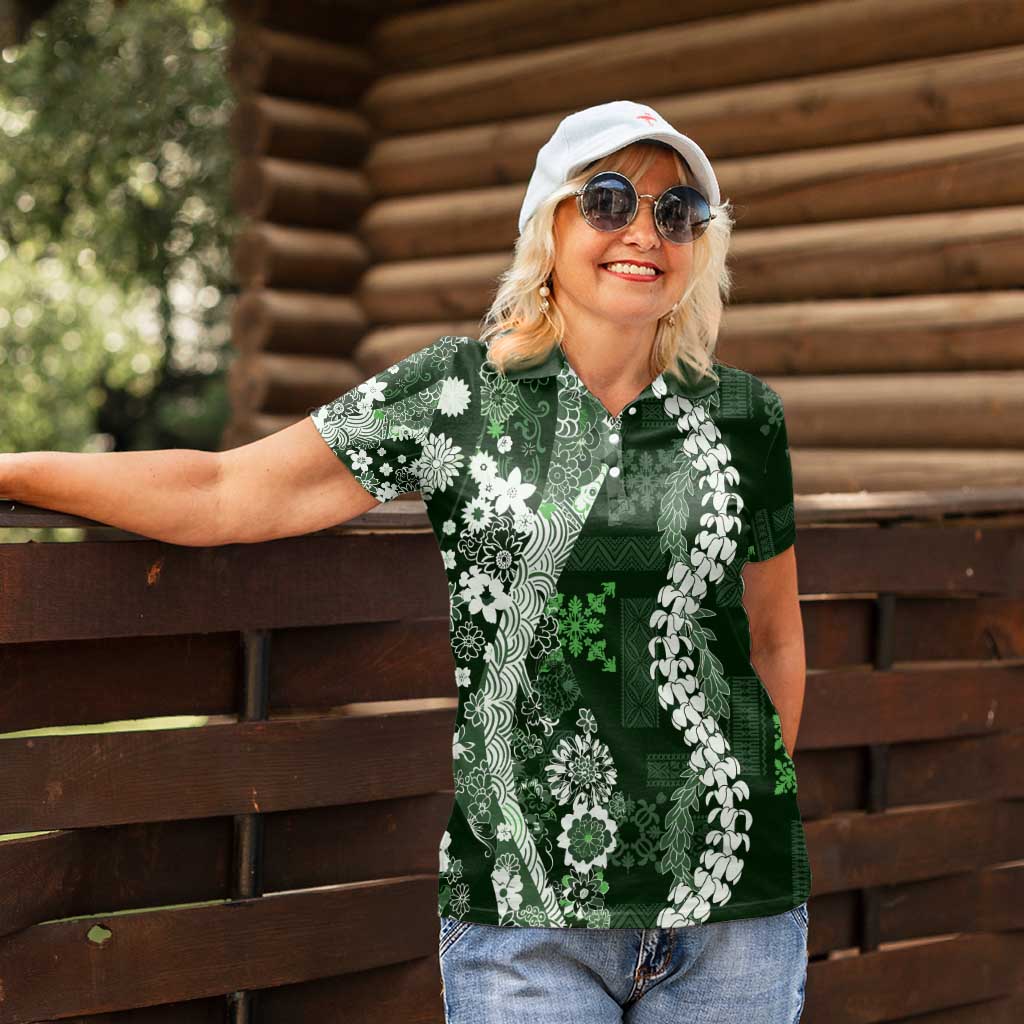 Hawaii Puakenikeni and Maile Lei Women Polo Shirt Green Japanese Wave Style - Polynesian Pride