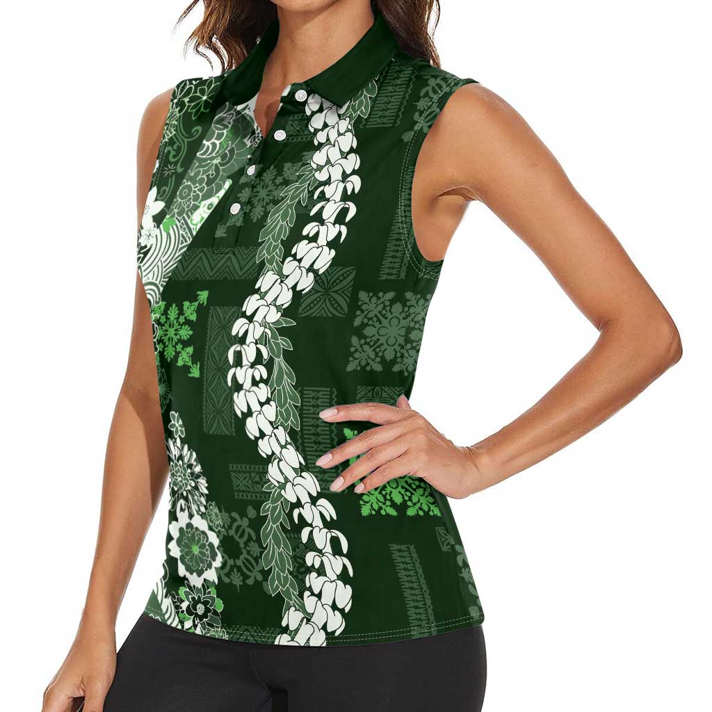 Hawaii Puakenikeni and Maile Lei Women Sleeveless Polo Shirt Green Japanese Wave Style - Polynesian Pride