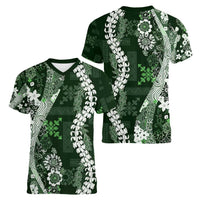 Hawaii Puakenikeni and Maile Lei Women V-Neck T-Shirt Green Japanese Wave Style - Polynesian Pride