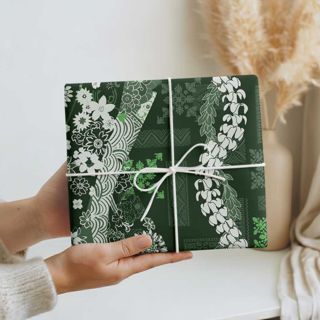 Hawaii Puakenikeni and Maile Lei Wrapping Paper Green Japanese Wave Style - Polynesian Pride
