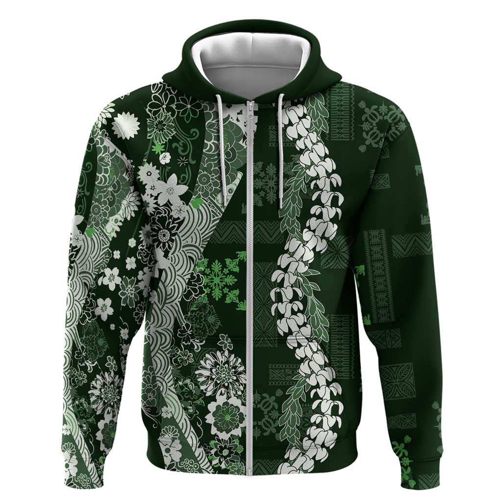 Hawaii Puakenikeni and Maile Lei Zip Hoodie Green Japanese Wave Style - Polynesian Pride
