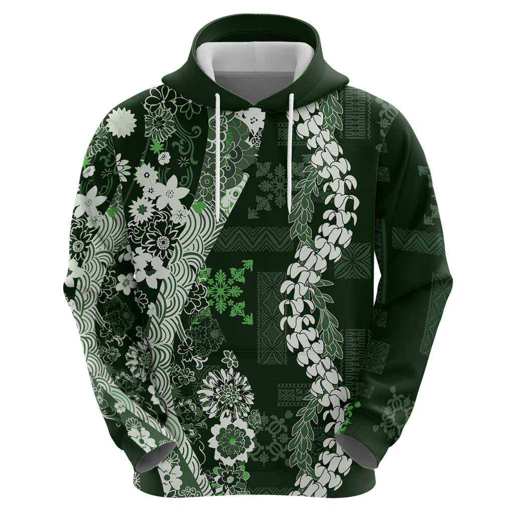 Hawaii Puakenikeni and Maile Lei Zip Hoodie Green Japanese Wave Style - Polynesian Pride