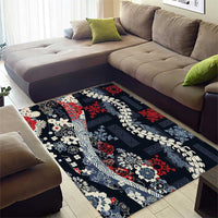 Hawaii Puakenikeni and Maile Lei Area Rug Navy Blue Japanese Wave Style - Polynesian Pride