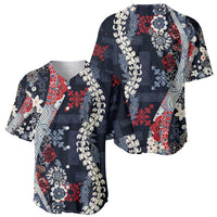 Hawaii Puakenikeni and Maile Lei Baseball Jersey Navy Blue Japanese Wave Style - Polynesian Pride