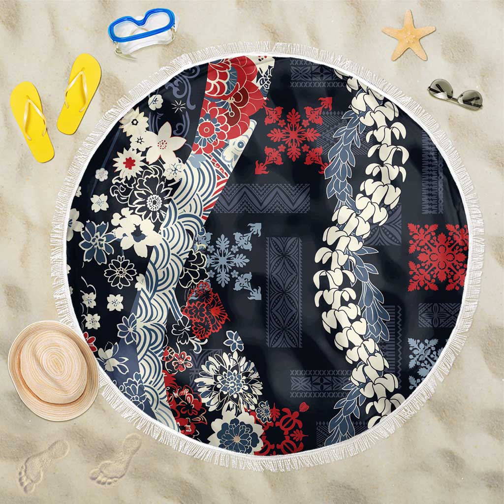 Hawaii Puakenikeni and Maile Lei Beach Blanket Navy Blue Japanese Wave Style - Polynesian Pride