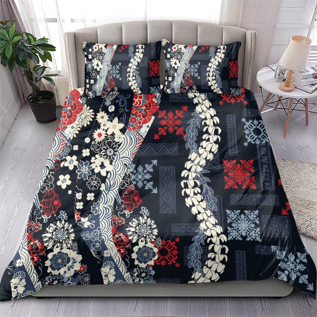 Hawaii Puakenikeni and Maile Lei Bedding Set Navy Blue Japanese Wave Style - Polynesian Pride