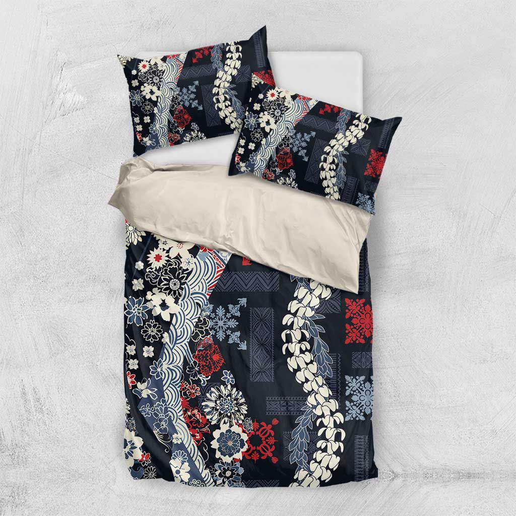 Hawaii Puakenikeni and Maile Lei Bedding Set Navy Blue Japanese Wave Style - Polynesian Pride