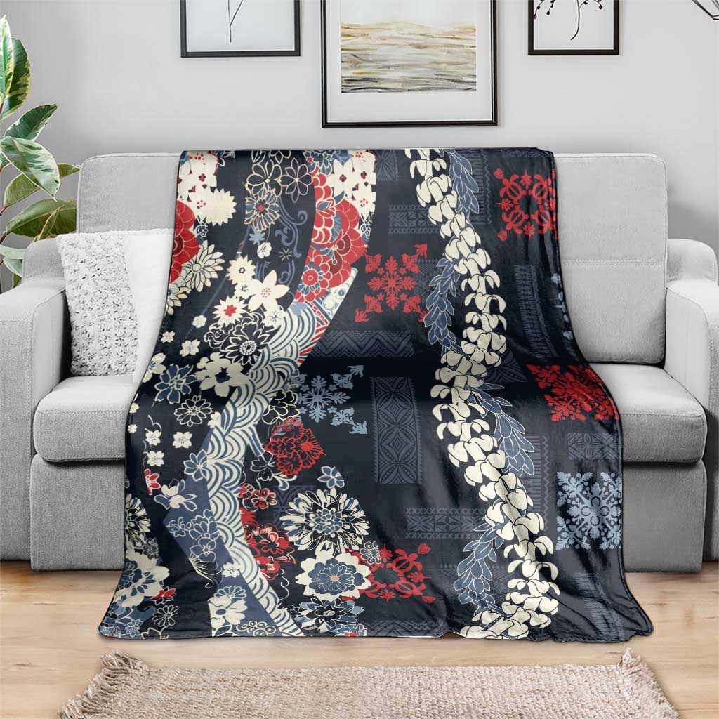 Hawaii Puakenikeni and Maile Lei Blanket Navy Blue Japanese Wave Style - Polynesian Pride