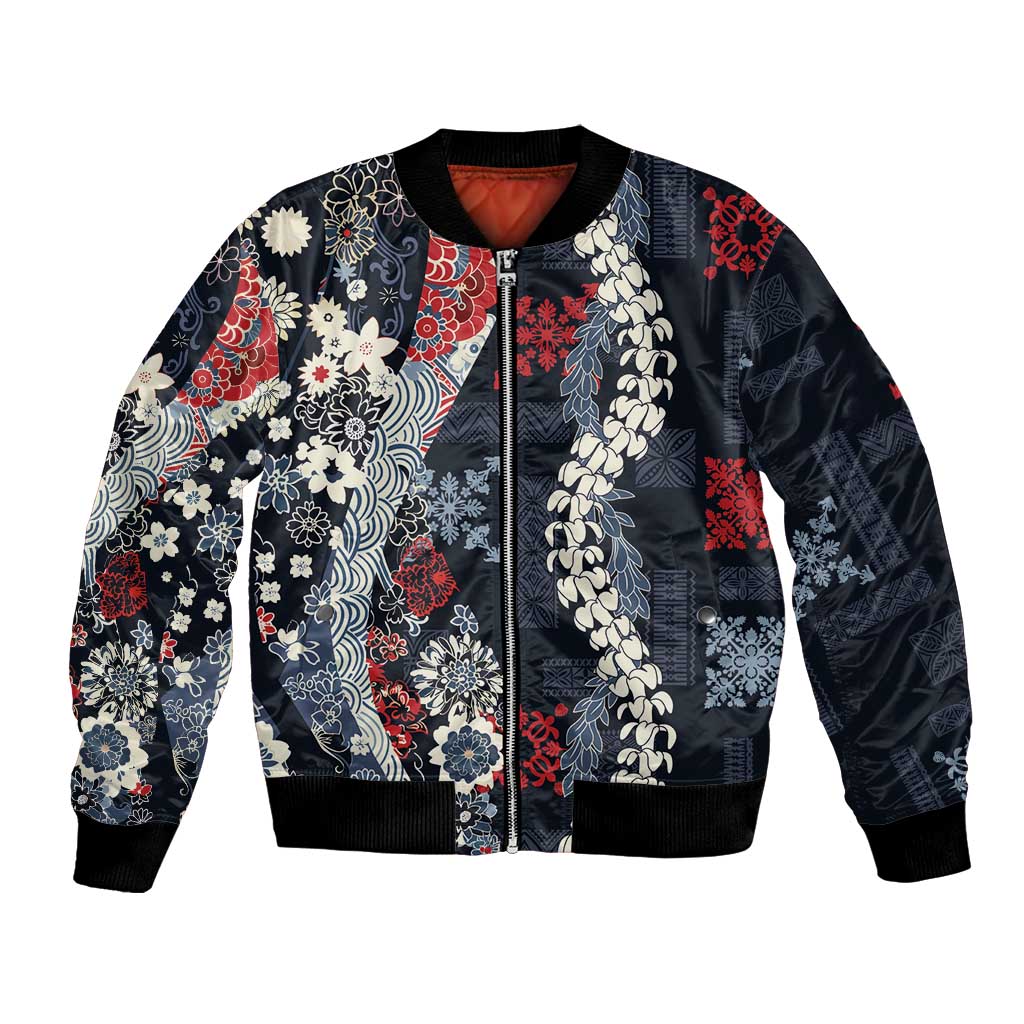 Hawaii Puakenikeni and Maile Lei Bomber Jacket Navy Blue Japanese Wave Style - Polynesian Pride