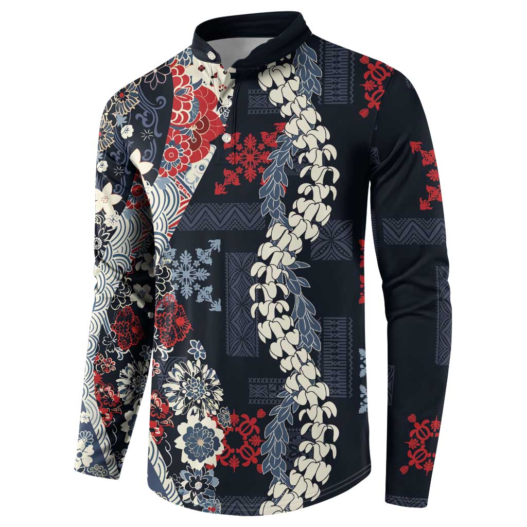 Hawaii Puakenikeni and Maile Lei Button Sweatshirt Navy Blue Japanese Wave Style - Polynesian Pride