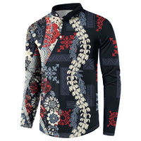 Hawaii Puakenikeni and Maile Lei Button Sweatshirt Navy Blue Japanese Wave Style - Polynesian Pride