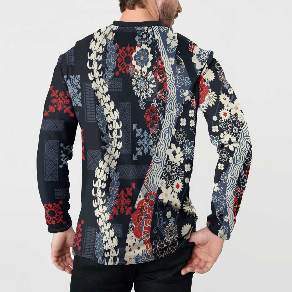 Hawaii Puakenikeni and Maile Lei Button Sweatshirt Navy Blue Japanese Wave Style - Polynesian Pride