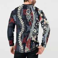 Hawaii Puakenikeni and Maile Lei Button Sweatshirt Navy Blue Japanese Wave Style - Polynesian Pride