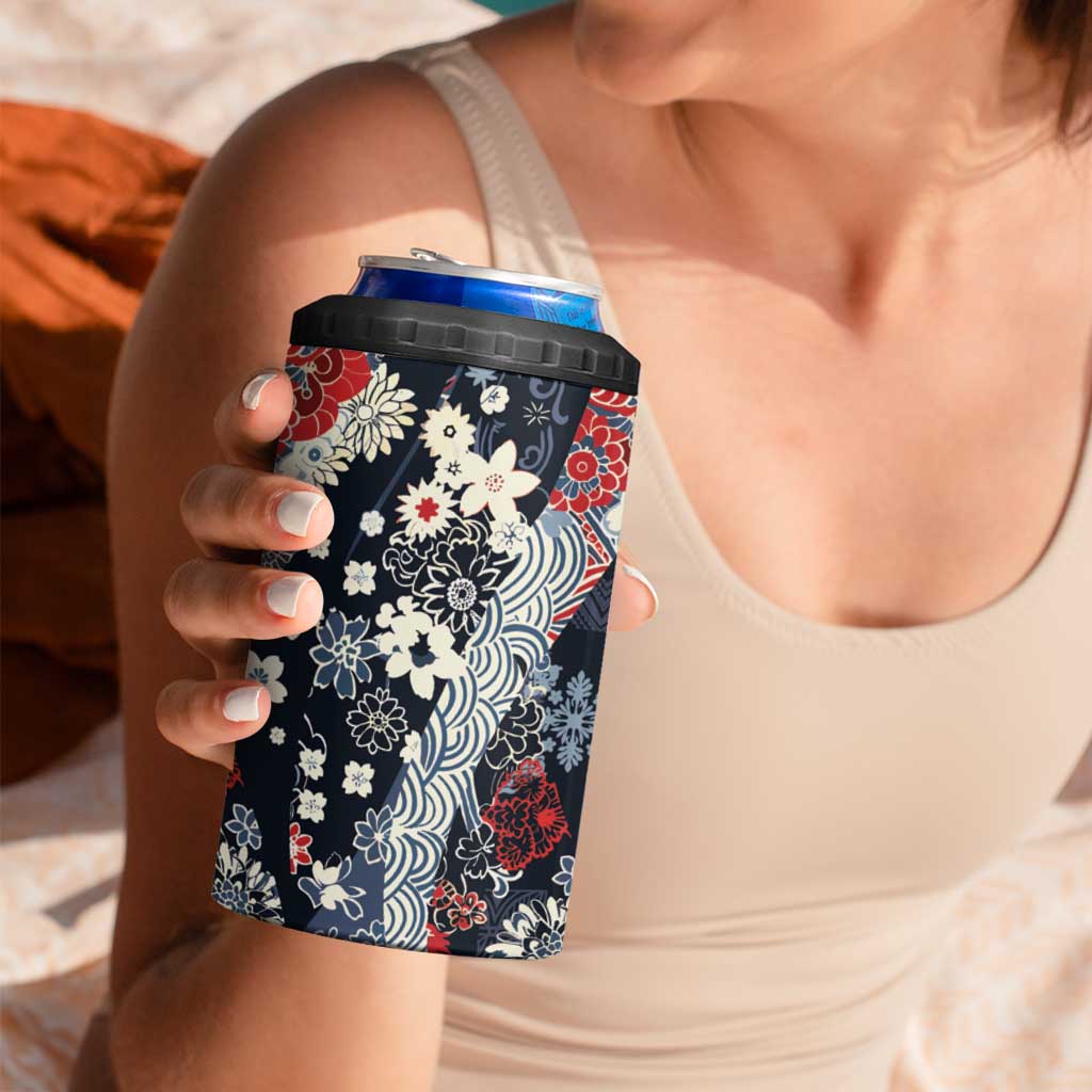 Hawaii Puakenikeni and Maile Lei 4 in 1 Can Cooler Tumbler Navy Blue Japanese Wave Style - Polynesian Pride