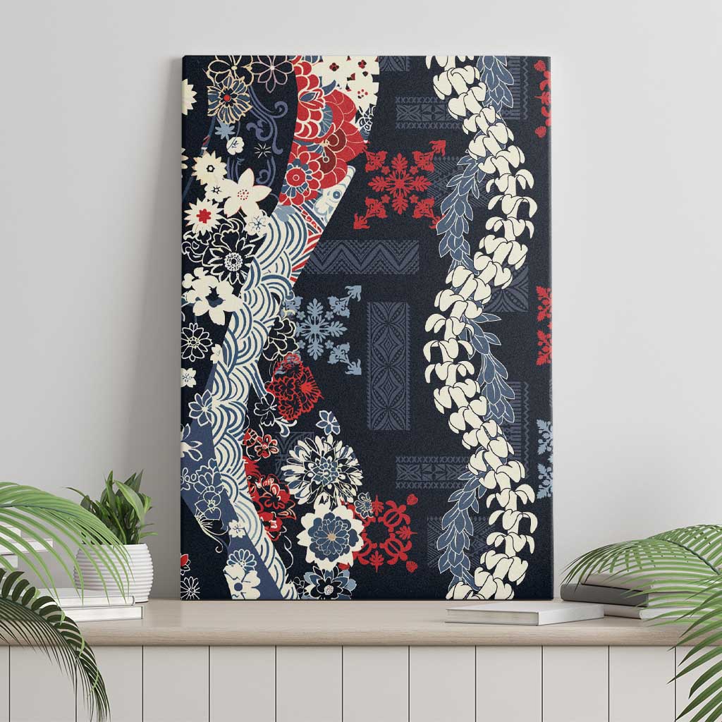 Hawaii Puakenikeni and Maile Lei Canvas Wall Art Navy Blue Japanese Wave Style - Polynesian Pride