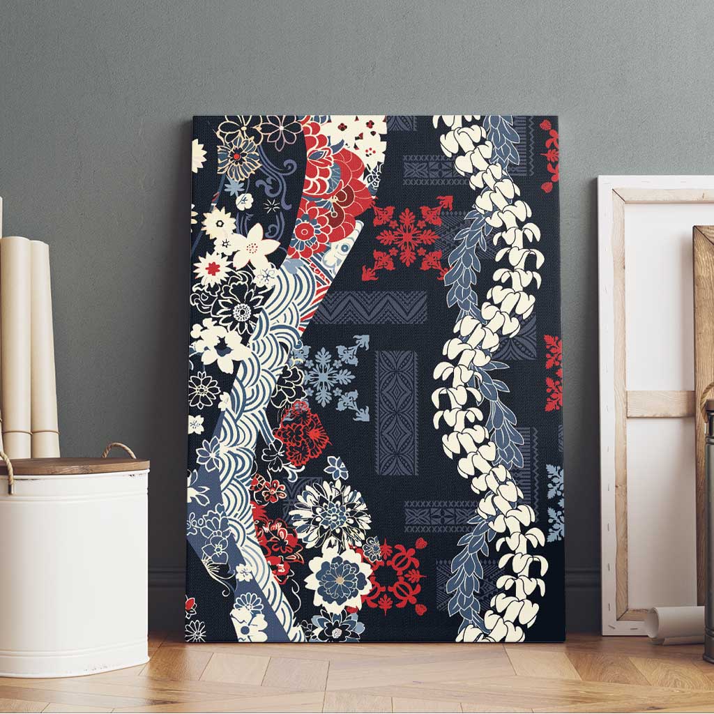 Hawaii Puakenikeni and Maile Lei Canvas Wall Art Navy Blue Japanese Wave Style - Polynesian Pride
