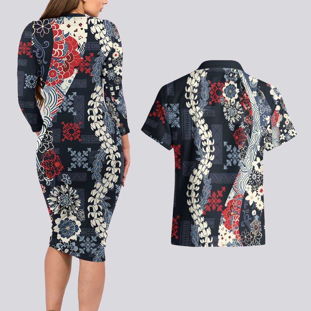 Hawaii Puakenikeni and Maile Lei Couples Matching Long Sleeve Bodycon Dress and Hawaiian Shirt Navy Blue Japanese Wave Style - Polynesian Pride