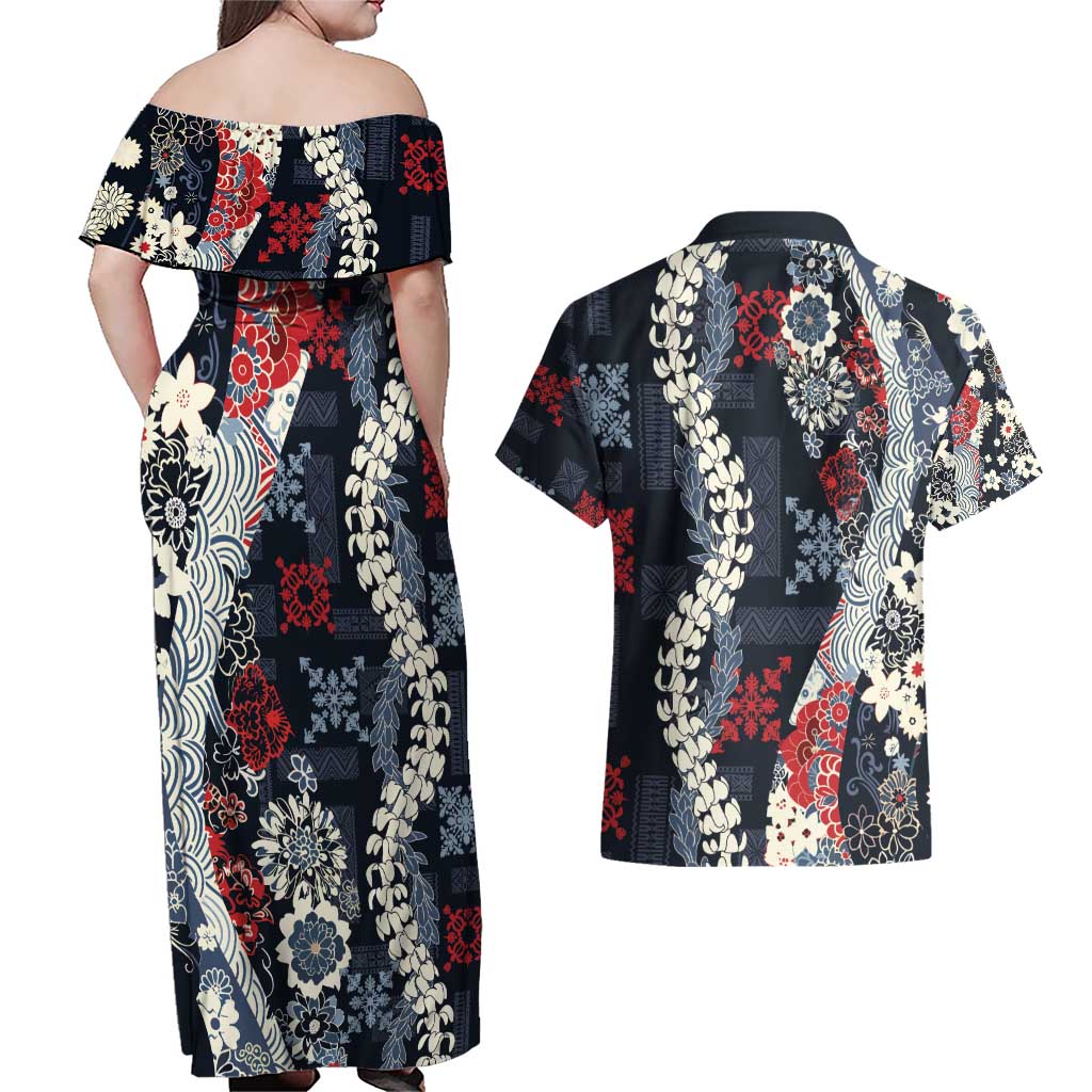 Hawaii Puakenikeni and Maile Lei Couples Matching Off Shoulder Maxi Dress and Hawaiian Shirt Navy Blue Japanese Wave Style - Polynesian Pride