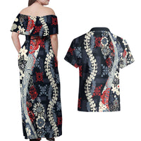 Hawaii Puakenikeni and Maile Lei Couples Matching Off Shoulder Maxi Dress and Hawaiian Shirt Navy Blue Japanese Wave Style - Polynesian Pride