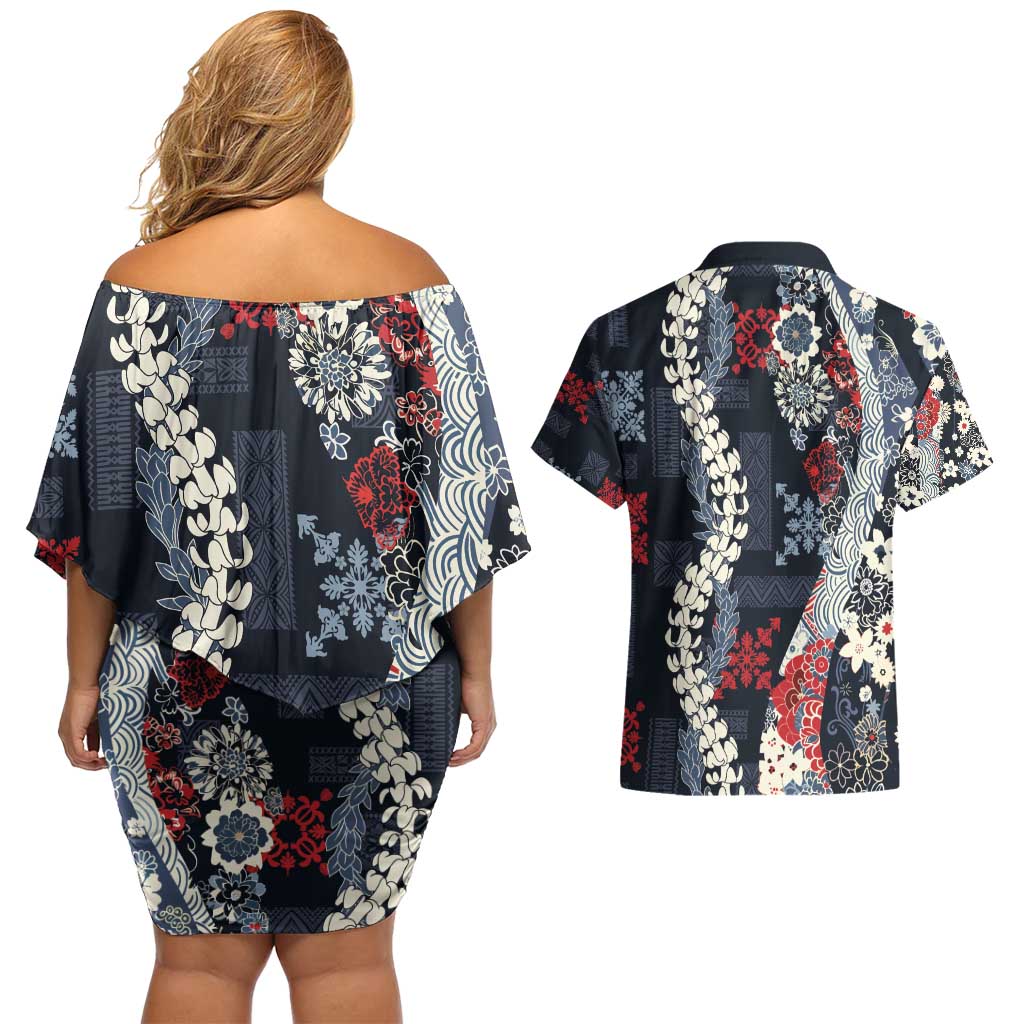 Hawaii Puakenikeni and Maile Lei Couples Matching Off Shoulder Short Dress and Hawaiian Shirt Navy Blue Japanese Wave Style - Polynesian Pride