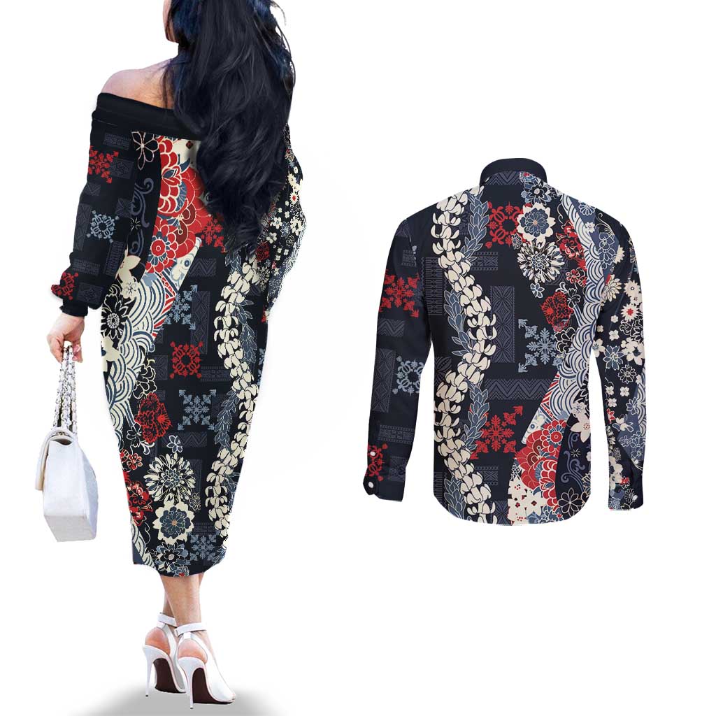 Hawaii Puakenikeni and Maile Lei Couples Matching Off The Shoulder Long Sleeve Dress and Long Sleeve Button Shirt Navy Blue Japanese Wave Style - Polynesian Pride