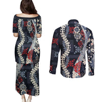 Hawaii Puakenikeni and Maile Lei Couples Matching Puletasi and Long Sleeve Button Shirt Navy Blue Japanese Wave Style - Polynesian Pride