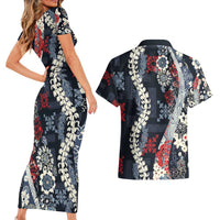Hawaii Puakenikeni and Maile Lei Couples Matching Short Sleeve Bodycon Dress and Hawaiian Shirt Navy Blue Japanese Wave Style - Polynesian Pride