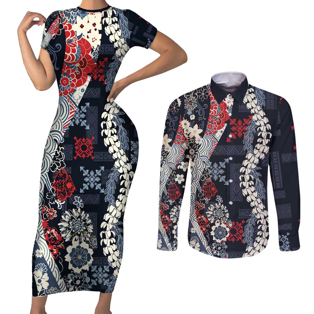 Hawaii Puakenikeni and Maile Lei Couples Matching Short Sleeve Bodycon Dress and Long Sleeve Button Shirt Navy Blue Japanese Wave Style LT9 Navy Blue - Polynesian Pride