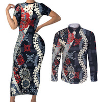 Hawaii Puakenikeni and Maile Lei Couples Matching Short Sleeve Bodycon Dress and Long Sleeve Button Shirt Navy Blue Japanese Wave Style LT9 Navy Blue - Polynesian Pride