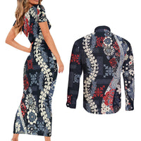 Hawaii Puakenikeni and Maile Lei Couples Matching Short Sleeve Bodycon Dress and Long Sleeve Button Shirt Navy Blue Japanese Wave Style LT9 - Polynesian Pride