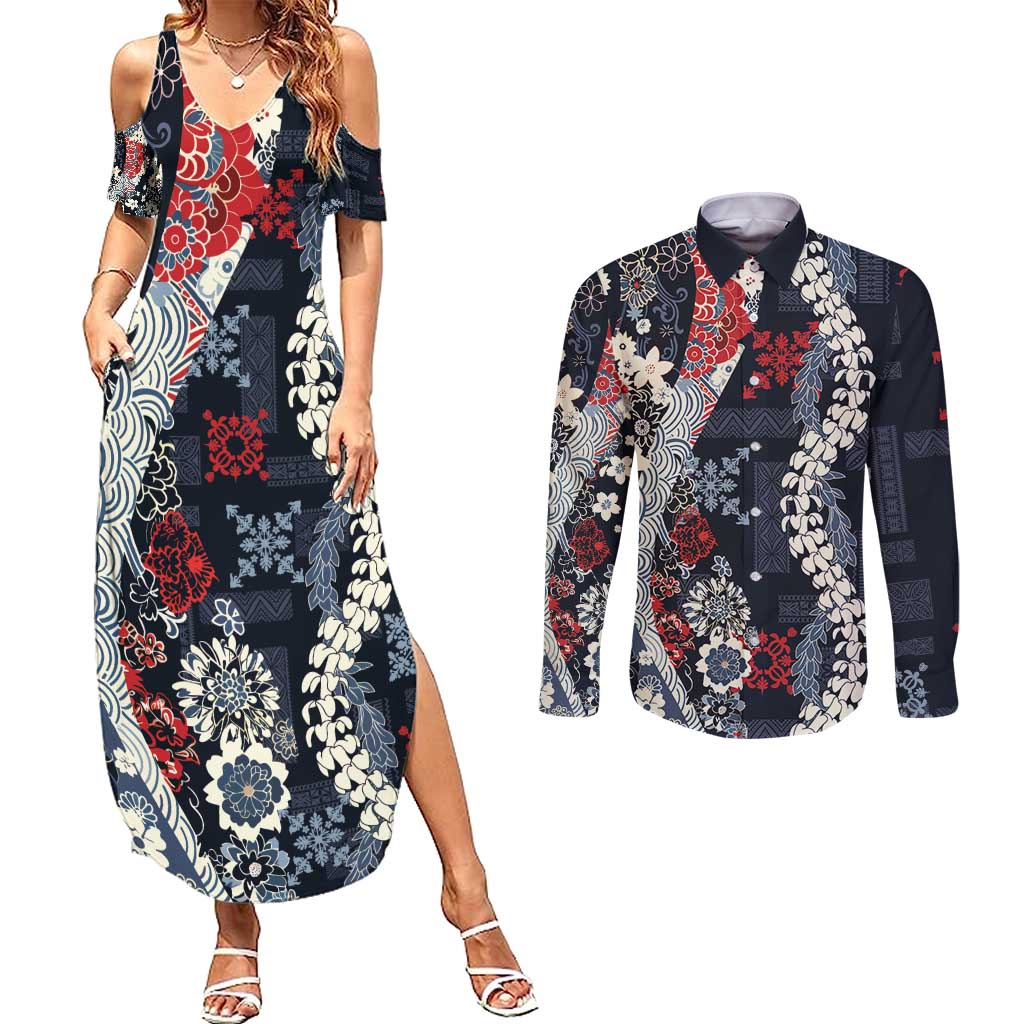 Hawaii Puakenikeni and Maile Lei Couples Matching Summer Maxi Dress and Long Sleeve Button Shirt Navy Blue Japanese Wave Style - Polynesian Pride
