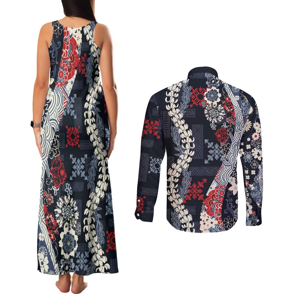Hawaii Puakenikeni and Maile Lei Couples Matching Tank Maxi Dress and Long Sleeve Button Shirt Navy Blue Japanese Wave Style - Polynesian Pride