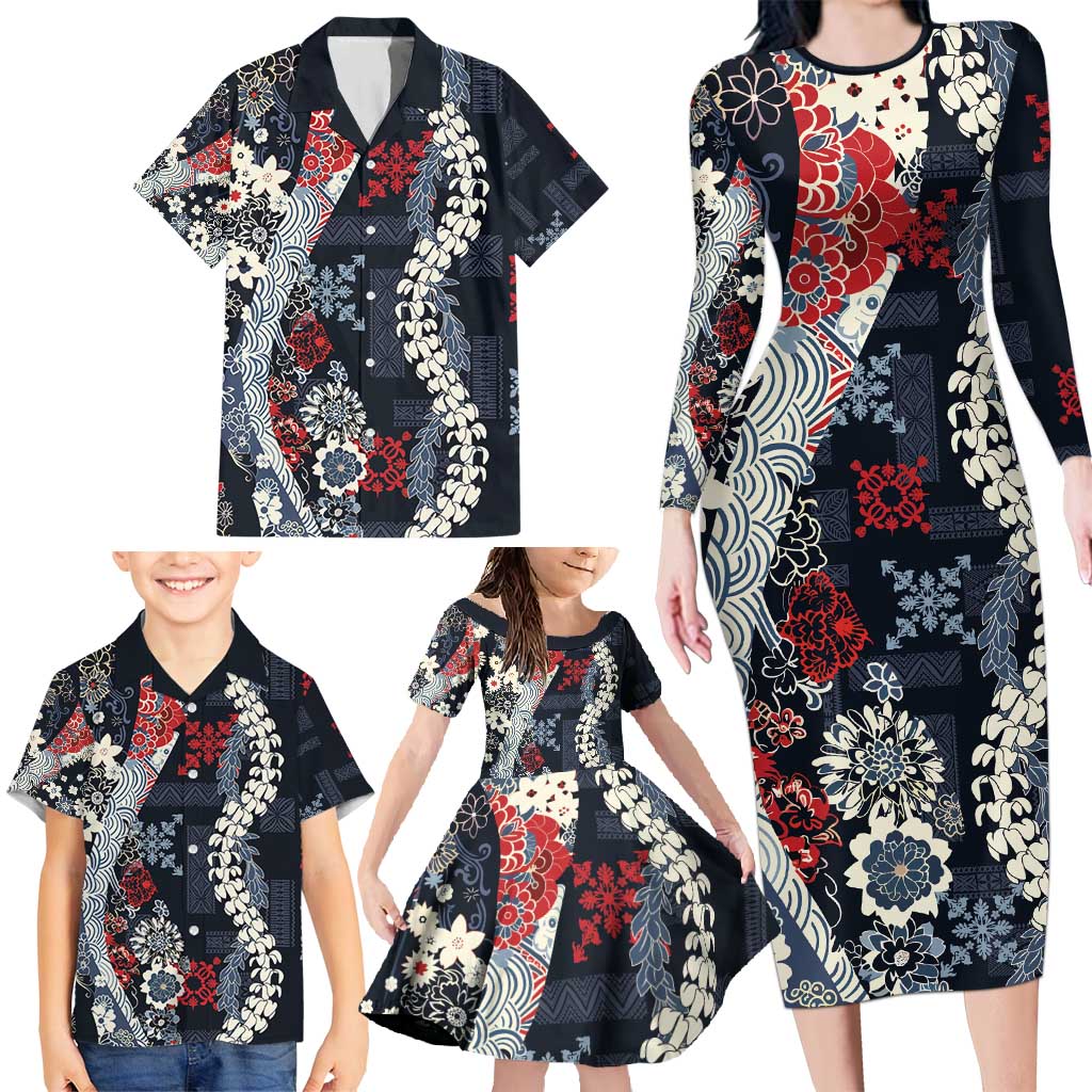 Hawaii Puakenikeni and Maile Lei Family Matching Long Sleeve Bodycon Dress and Hawaiian Shirt Navy Blue Japanese Wave Style - Polynesian Pride