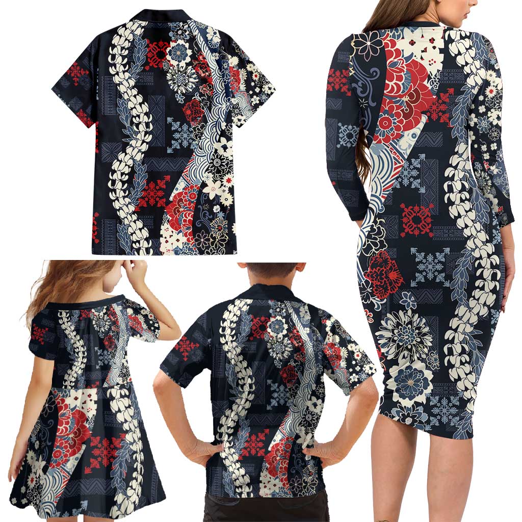Hawaii Puakenikeni and Maile Lei Family Matching Long Sleeve Bodycon Dress and Hawaiian Shirt Navy Blue Japanese Wave Style - Polynesian Pride