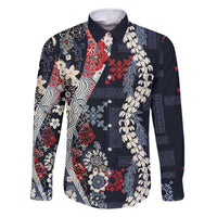 Hawaii Puakenikeni and Maile Lei Family Matching Long Sleeve Bodycon Dress and Hawaiian Shirt Navy Blue Japanese Wave Style - Polynesian Pride