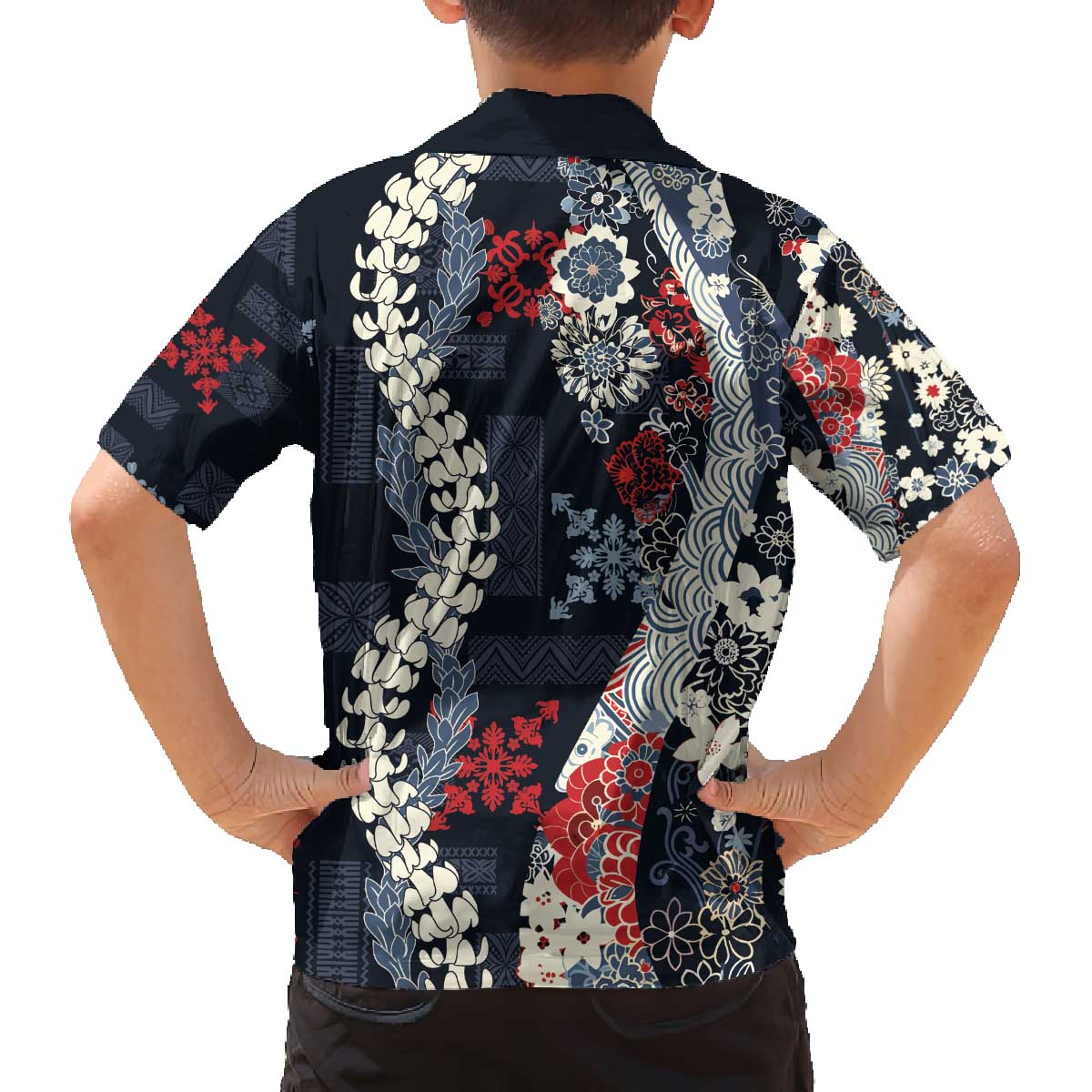 Hawaii Puakenikeni and Maile Lei Family Matching Off The Shoulder Long Sleeve Dress and Hawaiian Shirt Navy Blue Japanese Wave Style - Polynesian Pride