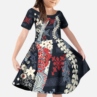 Hawaii Puakenikeni and Maile Lei Family Matching Off Shoulder Maxi Dress and Hawaiian Shirt Navy Blue Japanese Wave Style - Polynesian Pride