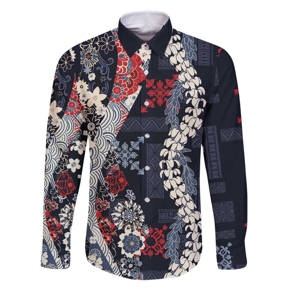 Hawaii Puakenikeni and Maile Lei Family Matching Puletasi and Hawaiian Shirt Navy Blue Japanese Wave Style - Polynesian Pride