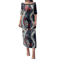 Hawaii Puakenikeni and Maile Lei Family Matching Puletasi and Hawaiian Shirt Navy Blue Japanese Wave Style - Polynesian Pride