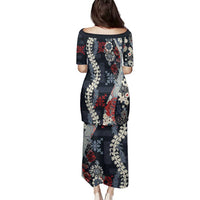 Hawaii Puakenikeni and Maile Lei Family Matching Puletasi and Hawaiian Shirt Navy Blue Japanese Wave Style - Polynesian Pride