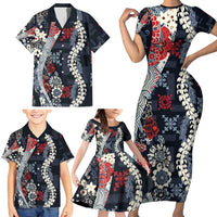 Hawaii Puakenikeni and Maile Lei Family Matching Short Sleeve Bodycon Dress and Hawaiian Shirt Navy Blue Japanese Wave Style - Polynesian Pride