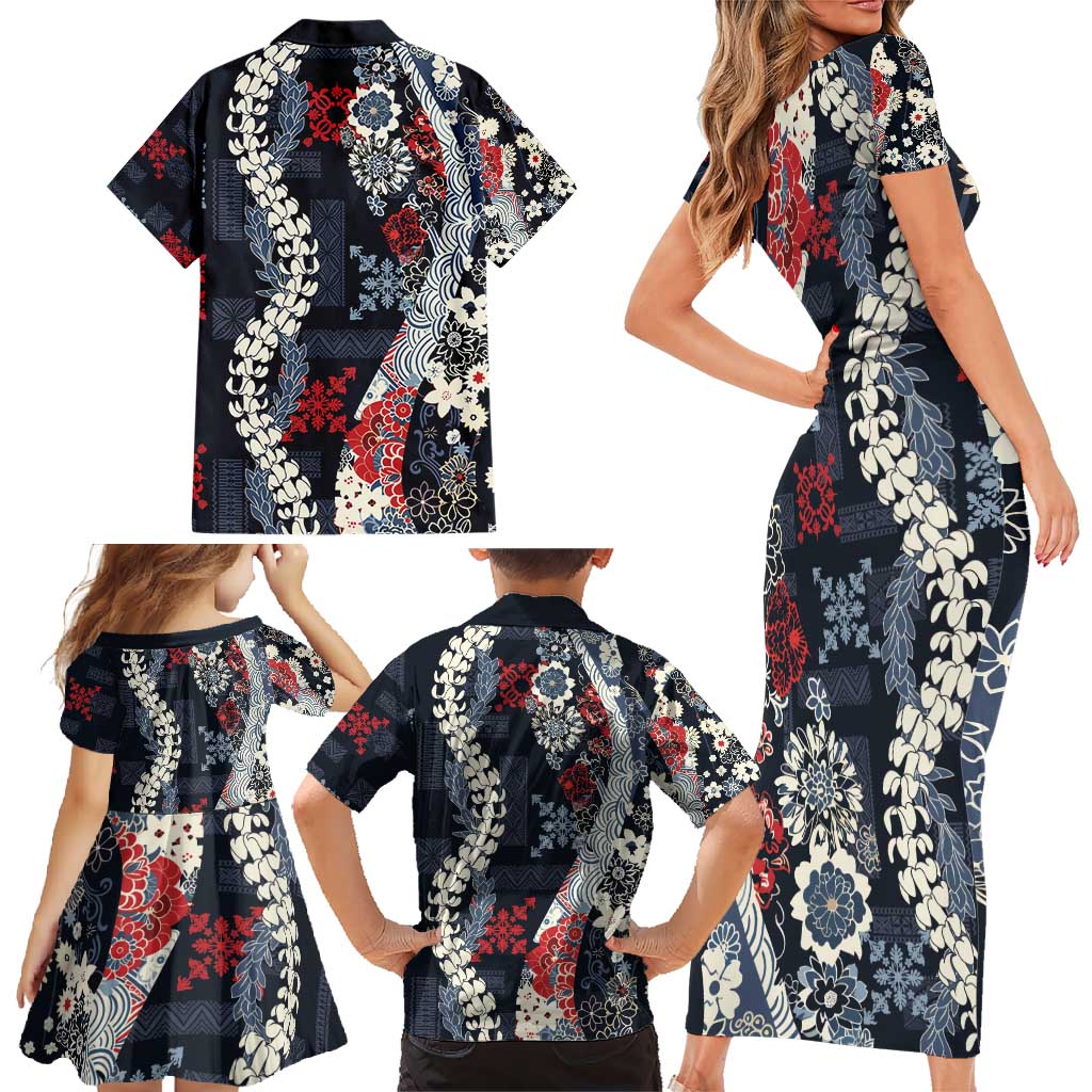 Hawaii Puakenikeni and Maile Lei Family Matching Short Sleeve Bodycon Dress and Hawaiian Shirt Navy Blue Japanese Wave Style - Polynesian Pride