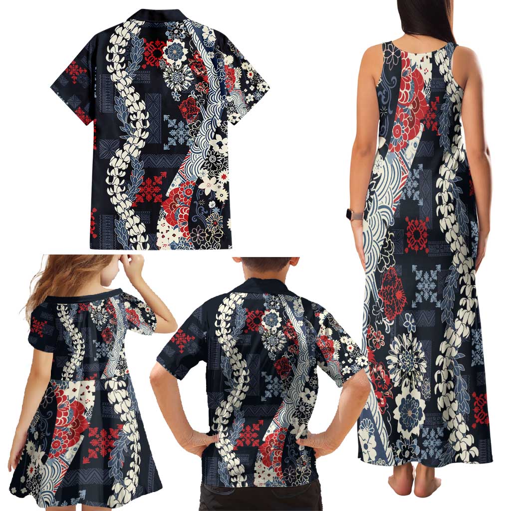 Hawaii Puakenikeni and Maile Lei Family Matching Tank Maxi Dress and Hawaiian Shirt Navy Blue Japanese Wave Style - Polynesian Pride