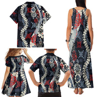 Hawaii Puakenikeni and Maile Lei Family Matching Tank Maxi Dress and Hawaiian Shirt Navy Blue Japanese Wave Style - Polynesian Pride