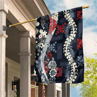 Hawaii Puakenikeni and Maile Lei Garden Flag Navy Blue Japanese Wave Style - Polynesian Pride