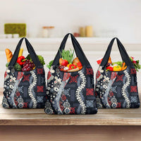 Hawaii Puakenikeni and Maile Lei Grocery Bag Navy Blue Japanese Wave Style - Polynesian Pride