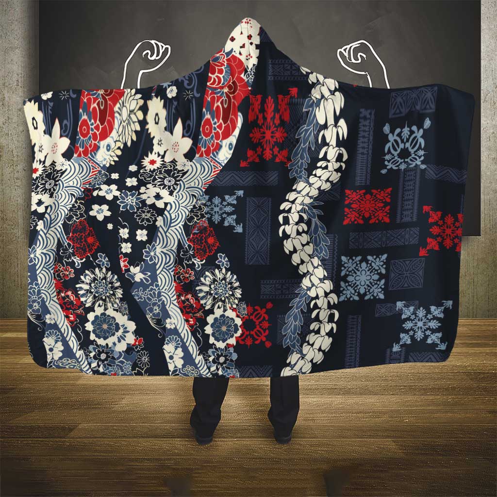 Hawaii Puakenikeni and Maile Lei Hooded Blanket Navy Blue Japanese Wave Style - Polynesian Pride