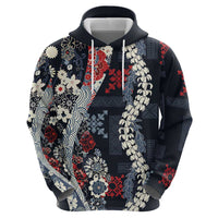 Hawaii Puakenikeni and Maile Lei Hoodie Navy Blue Japanese Wave Style - Polynesian Pride